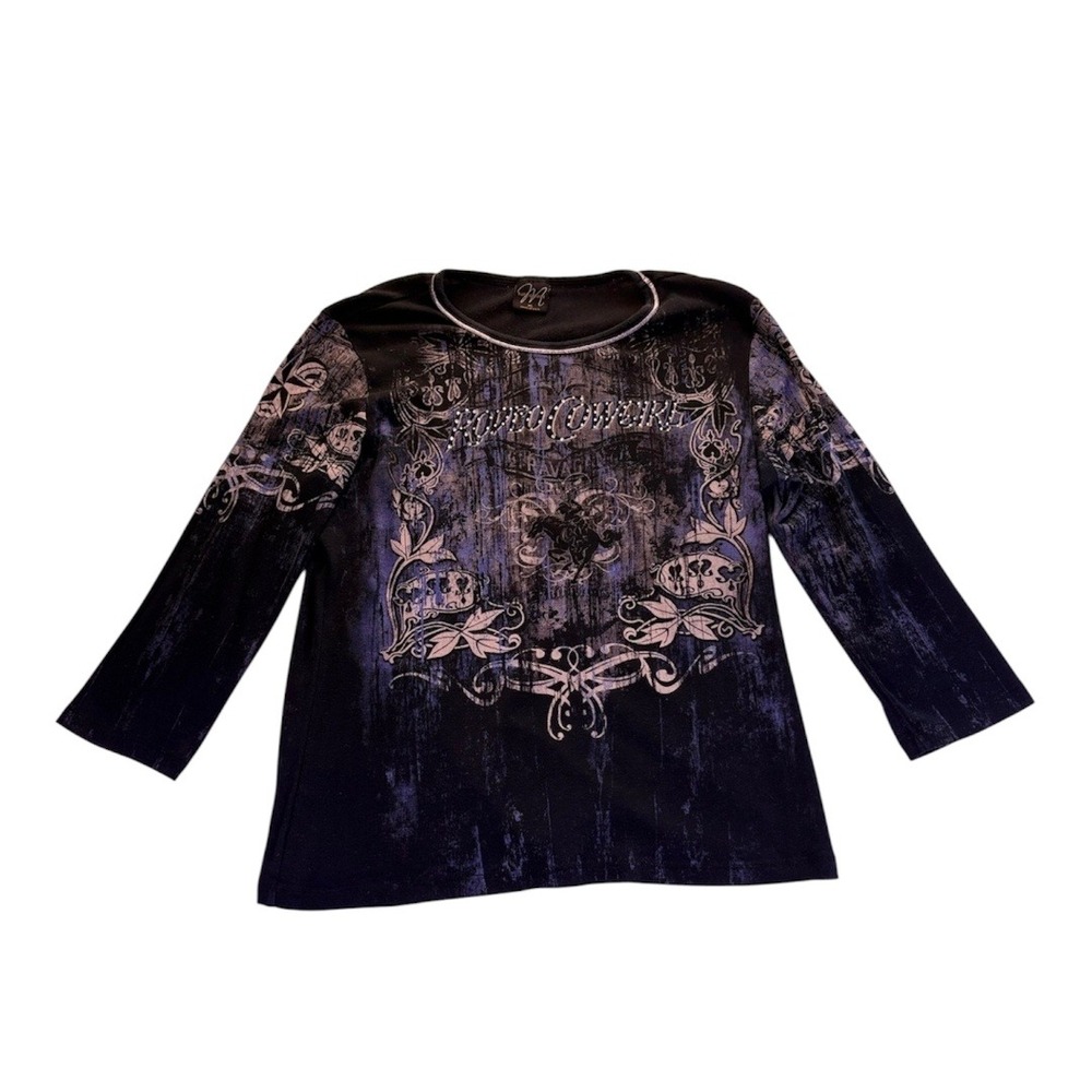 Katina Marie Rodeo Cowgirl Rhinestone Graphic Top Vintage XL Black Blue Y2K Edgy